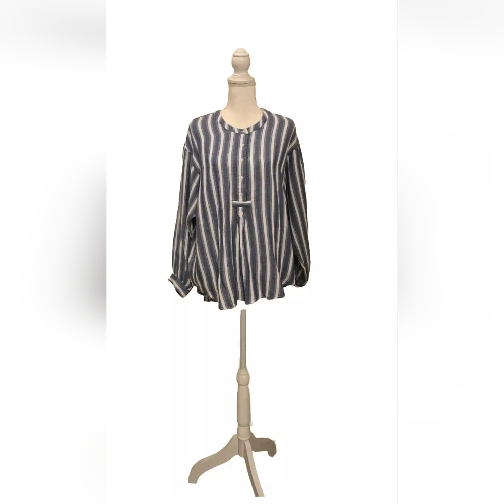 Old Navy Women's White Blue Stripe Old Money 1/2 Button 100% Cotton Top NWT XL - Picture 2 of 9